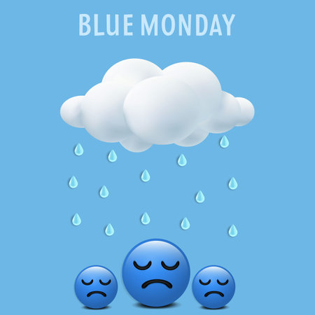 blue monday concept design with realistic clouds, and sad emojiのイラスト素材