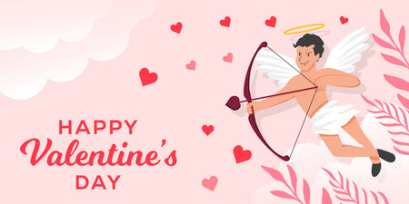 flat happy valentines day horizontal banner with cupid illustrationのイラスト素材