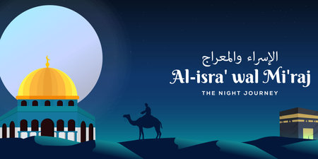 isra miraj the night journey with mosque, men, camel, and Kaaba on the desert with a full moonのイラスト素材
