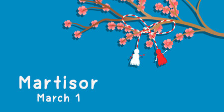 flat design martisor illustration horizontal banner with branch and flowersのイラスト素材