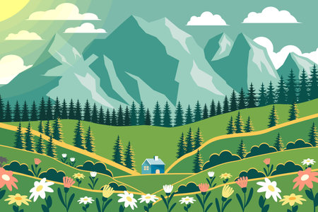 flat design spring landscape with flowers, trees, and a little house on a mountain backgroundのイラスト素材