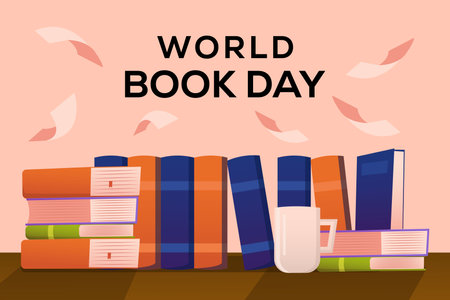 gradient world books day illustration banner background with a glass of coffeeのイラスト素材