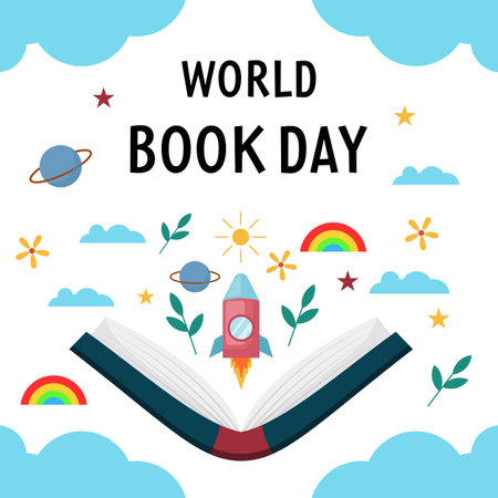 flat design world book day illustration with clouds, rocket, sun, rainbow, and plantsのイラスト素材