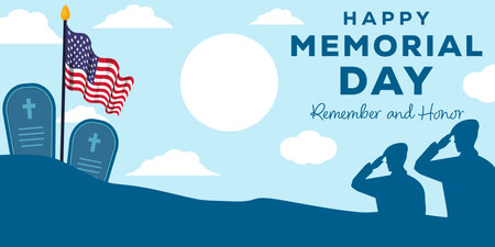 happy memorial day with silhouette two soldiers give a salute to the hero's grave and American flagのイラスト素材