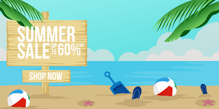 horizontal banner summer sale illustration beach background with slippers, starfish, and ballのイラスト素材