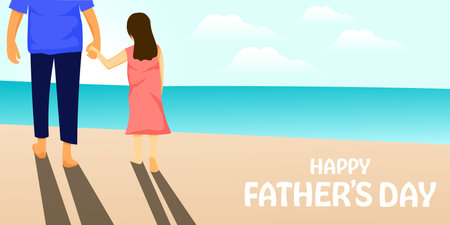 happy father's day horizontal banner with the father holding hands the daughter on beachのイラスト素材