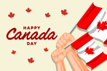 happy canada day background illustration with hands holding Canadian flagのイラスト素材