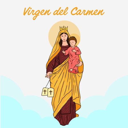 vector virgen del carmen hand drawn illustrationのイラスト素材