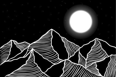 black and white mountain line arts and full moon illustrationのイラスト素材
