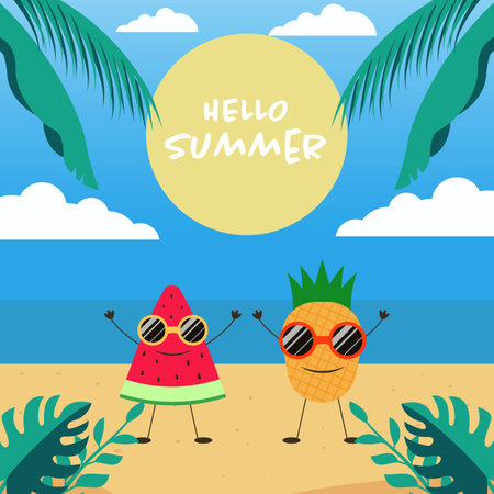 vector summer illustration with watermelon and pineapplesのイラスト素材