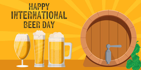 international beer day horizontal banner with three glasses of beer and a beer barrelのイラスト素材