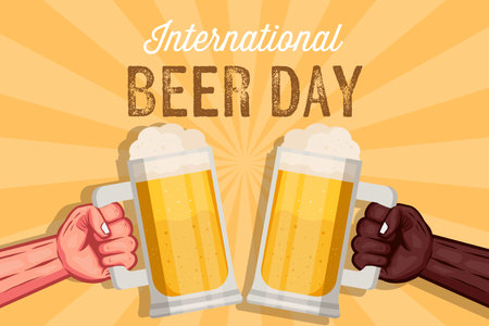 international beer day background illustration with two hands holding big glasses of beerのイラスト素材
