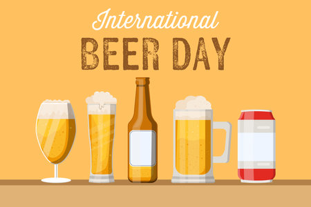 international beer day background illustration with bottle, can, and glasses of beerのイラスト素材
