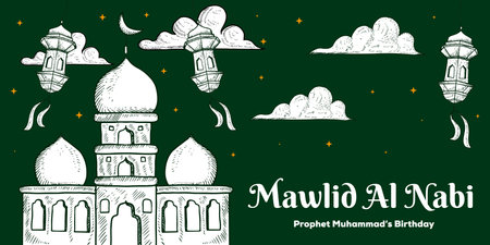 mawlid al nabi horizontal banner hand drawn illustrationのイラスト素材