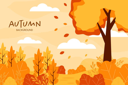 vector flat design autumn background illustration with leaves and treeのイラスト素材