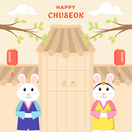 flat design vector happy chuseok illustration with two rabbitsのイラスト素材