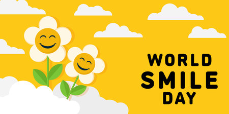 world smile day illustration horizontal banner with flower smiley faceのイラスト素材