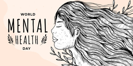 hand drawn world mental health day horizontal banner illustration with women and floralのイラスト素材
