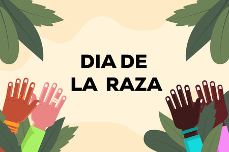 flat vector dia de la Raza background illustration with hands and leavesのイラスト素材