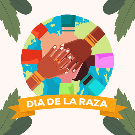 vector dia de la Raza illustration with hands on earth backgroundのイラスト素材