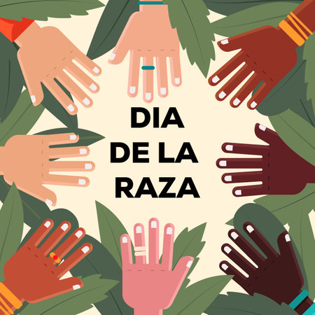 flat design vector dia de la Raza illustration with hands and leavesのイラスト素材