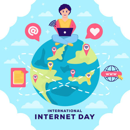 flat international internet day illustration with a man surfing the internetのイラスト素材