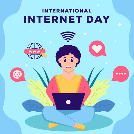 flat international internet day illustration with a man using a laptopのイラスト素材