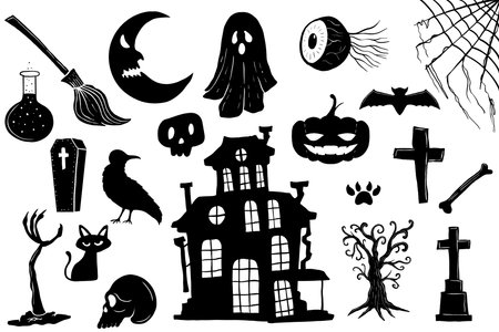 vector silhouette halloween elements collection on white backgroundのイラスト素材