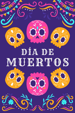 hand drawn flat dia de muertos vertical banner illustrationのイラスト素材
