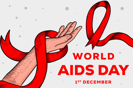 world aids day background illustration with hands and red ribbonのイラスト素材
