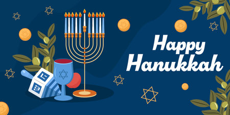 vector happy hanukkah horizontal banner illustration in flat styleのイラスト素材