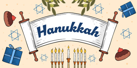 hand drawn vector happy hanukkah horizontal banner illustrationのイラスト素材