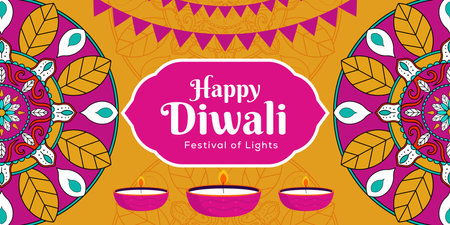 flat design happy diwali festival of light horizontal banner illustrationのイラスト素材
