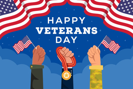 veterans day background illustration with hands holding flag and medalのイラスト素材