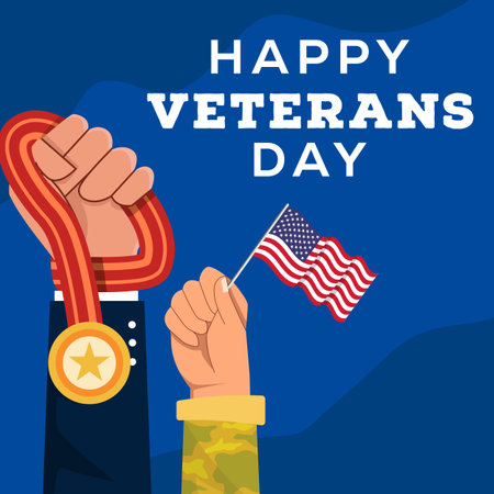 vector happy veterans day illustration with hands hold flag and medalのイラスト素材