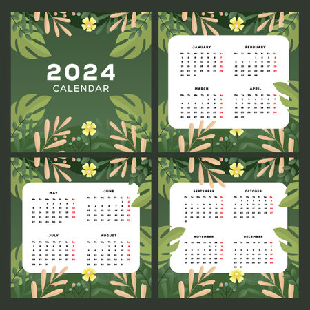 2024 new year calendar template with leaves backgroundのイラスト素材
