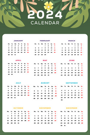2024 new year calendar template with leaves illustrationのイラスト素材