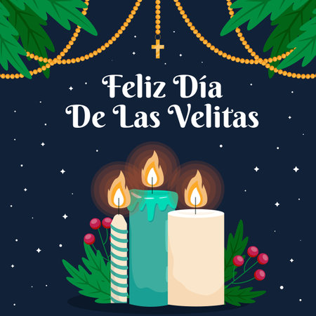 flat design Feliz Dia De Las Velitas illustration with leaves and candlesのイラスト素材