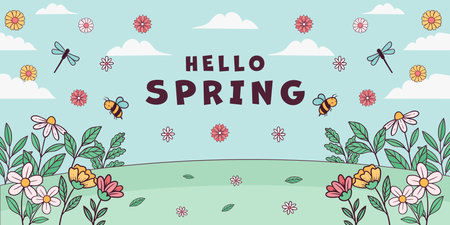 hand drawn spring landscape horizontal banner illustrationのイラスト素材