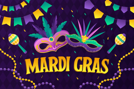 gradient mardi gras background illustration with mask, confetti, beads, and maracasのイラスト素材