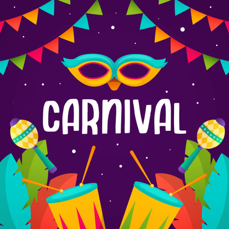 gradient carnival illustration vector design with mask, leaves, and traditional music instrumentのイラスト素材