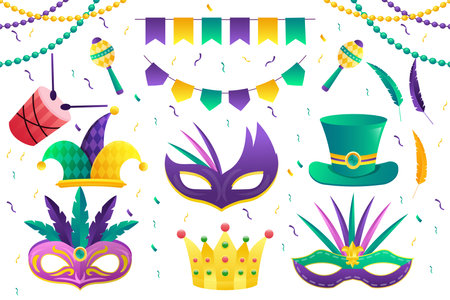 gradient mardi gras festival elements collection vector designのイラスト素材
