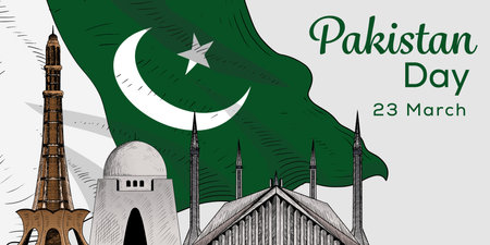 hand drawn vector Pakistan Day horizontal banner illustration designのイラスト素材