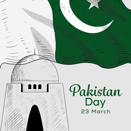 hand drawn Pakistan Day illustration with Pakistan flagのイラスト素材
