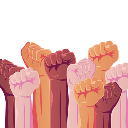 vector multiracial raised fists concept illustration in gradient designのイラスト素材