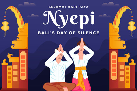 Nyepi Bali's day of silence background illustration with two people prayingのイラスト素材