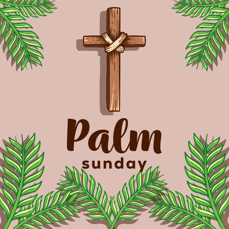 hand drawn vector design Palm Sunday illustration with the cross and leavesのイラスト素材