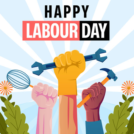 gradient vector happy labour day with hands and leaves illustrationのイラスト素材