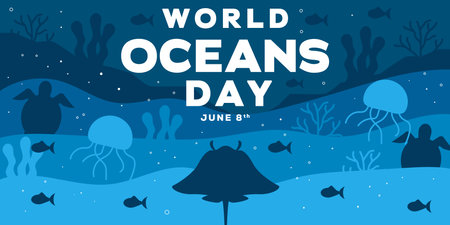 world ocean day silhouette horizontal banner illustrationのイラスト素材