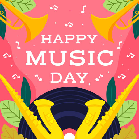 flat design world music day illustration with vinyl record and saxophoneのイラスト素材